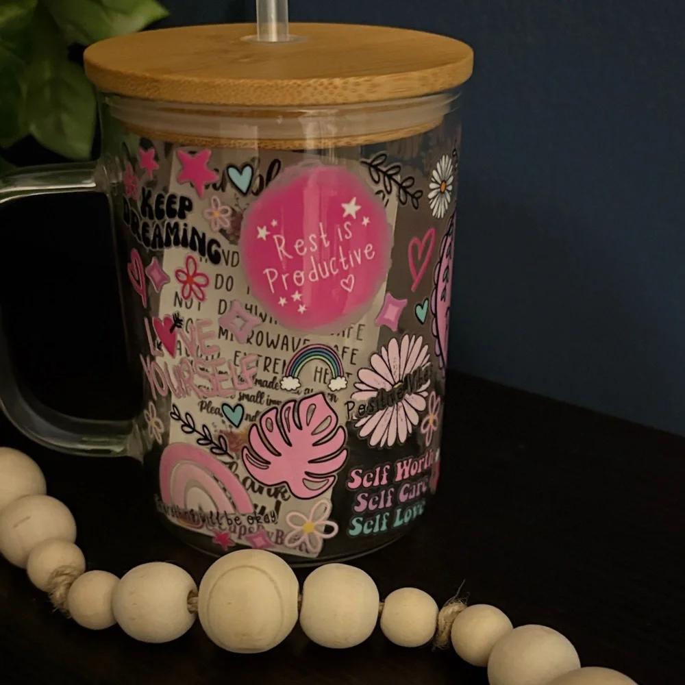 Colorful Motivational Glass Mug with Bamboo Lid - Picture 3 of 4